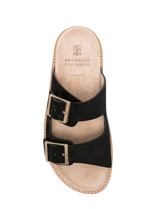 Black calf suede stitched edge open toe sandal Brunello Cucinelli | MZUSILY235CJO75